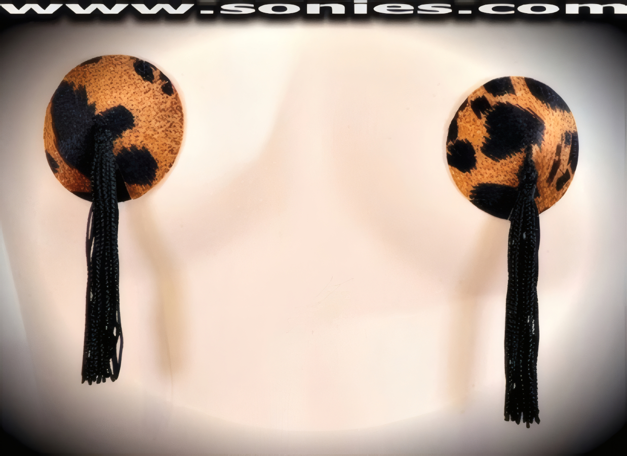 Fiercely Untamed in this Highly successful Crowd Predator Leopard Print Fabric Pasties with attached Tassels Finally for added Twirling and Whirling effect (Glue Included).   Style: P149E