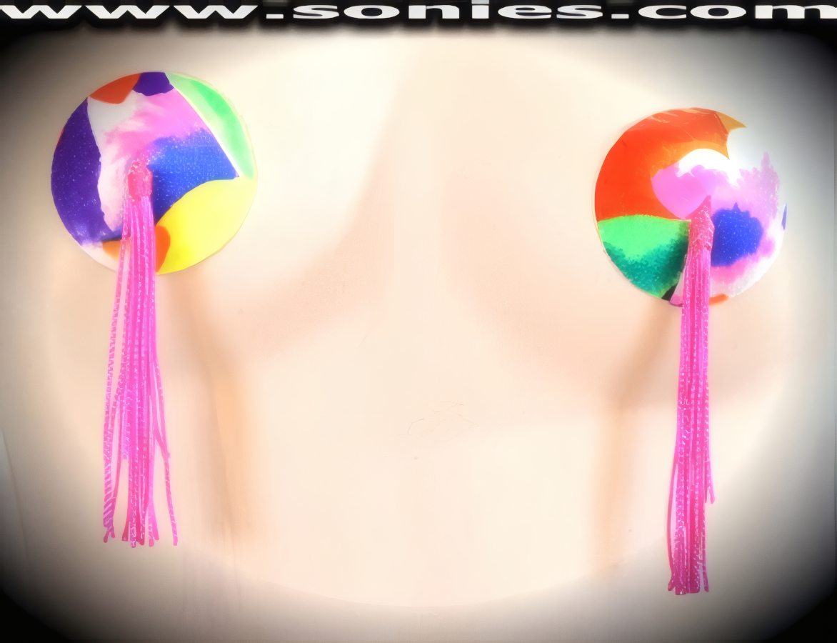 Enhance an alluring new twist to Your Dance Routine in this Colorful Burlesque Neon Pizzazz Fabric Pasties with attached Tassels Finally for added Twirling and Whirling effect (Glue Included).   Style: P149H