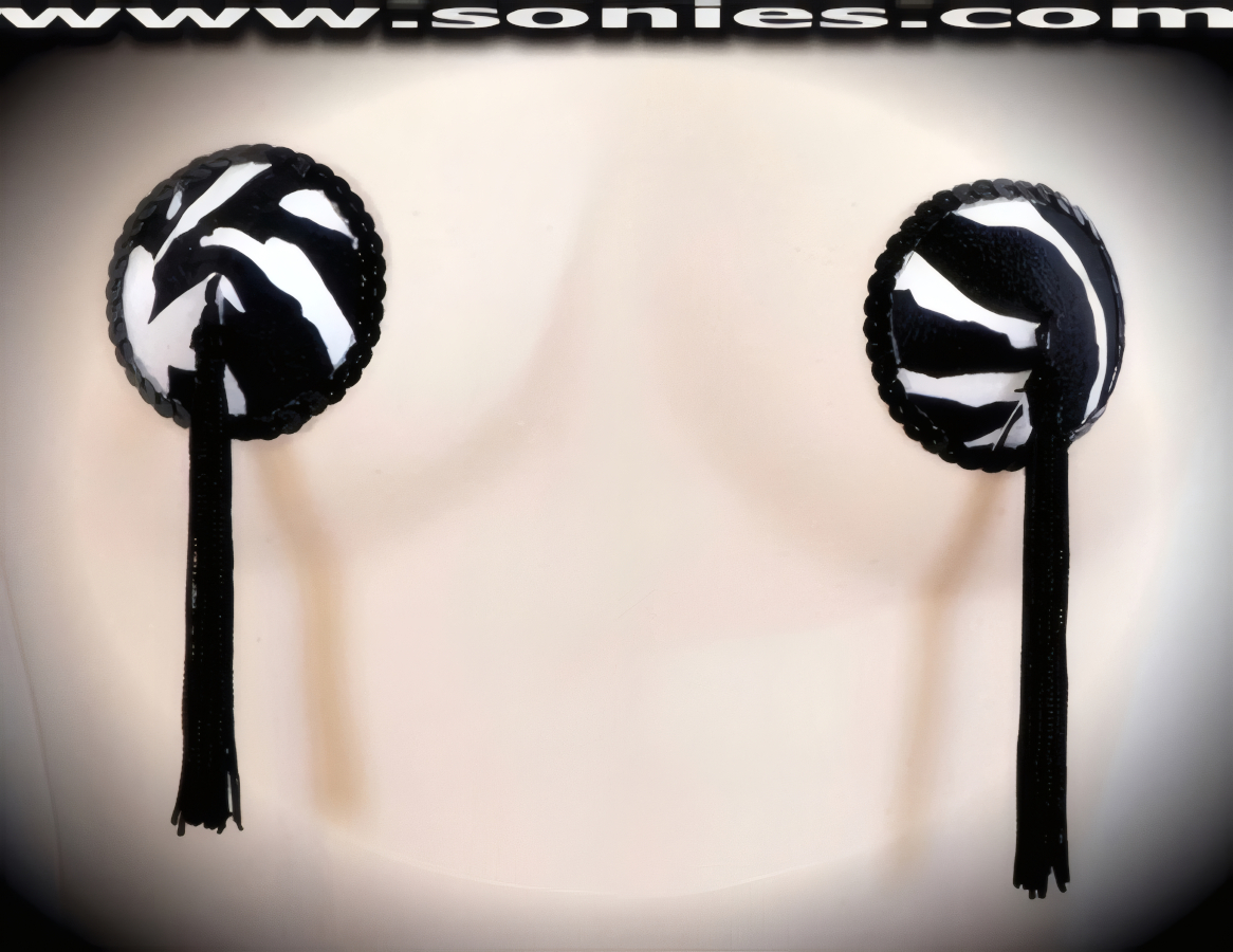 Be the star of the show with these sinfully alluring yet extraordinarily wonderful-to-wear hand crafted Burchell Zebra print Lycra fabric Pasties with fine glimmer sequin edging accent for utmost radiance so that it is perfect under any lighting and attached tassels finally for added twirling and whirling effect (One pair per package with Glue included). These Pasties are meant to surprise, seduce, and unleash desires beyond your wildest dreams. No detail was spared and no wish was denied. For stage or bedroom performance. Can be worn by Professionals or Semi Pro Burlesque Dancers, Pin-up Girls, Strip Tease, Exotic Dancers, Adult Entertainers, Transgenders, Transsexuals, Cross-Dressers, Cabaret Dancers, Pole Dancers and for Photography Models.   Style: P149I