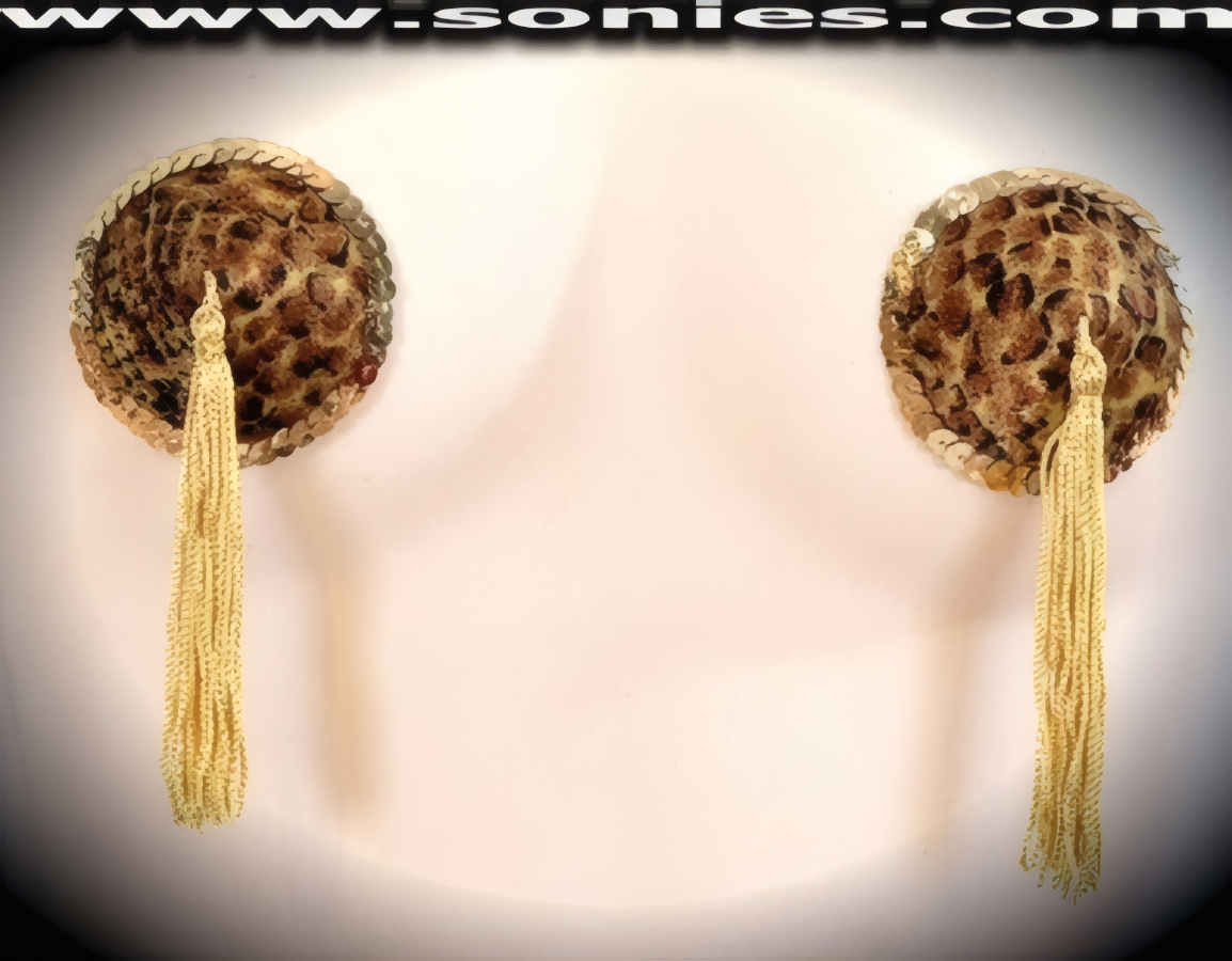 Be the star of the show with these sinfully alluring yet extraordinarily wonderful-to-wear hand crafted Naja Python print Lycra fabric Pasties with fine glimmer sequin edging accent for utmost radiance so that it is perfect under any lighting and attached tassels finally for added twirling and whirling effect (One pair per package with Glue included). These Pasties are meant to surprise, seduce, and unleash desires beyond your wildest dreams. No detail was spared and no wish was denied. For stage or bedroom performance. Can be worn by Professionals or Semi Pro Burlesque Dancers, Pin-up Girls, Strip Tease, Exotic Dancers, Adult Entertainers, Transgenders, Transsexuals, Cross-Dressers, Cabaret Dancers, Pole Dancers and for Photography Models.   Style: P149Q