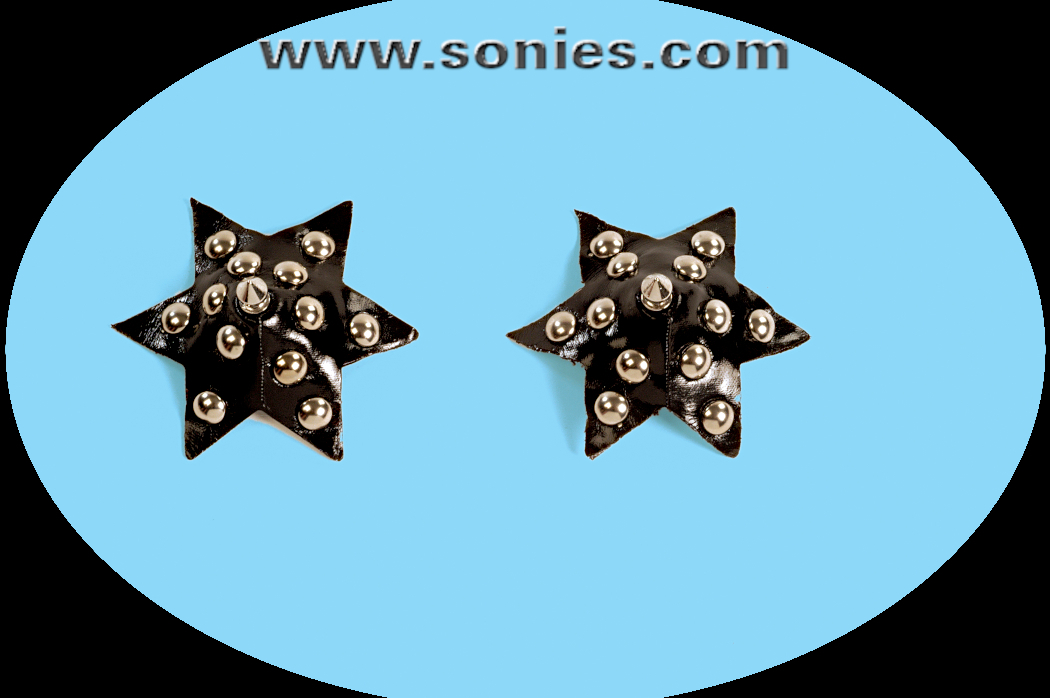 Looking for a Jaw Dropping Entrance, Well You've Found It in these Striptease Celebrity Star Shape Patent Leather Pasties Adorned with Metal Studs and Center Metal Spike Detail Finish. For stage or bedroom performance and can be worn by Professionals or Semi Pro Burlesque Dancers (Glue Included).   STYLE: P927B