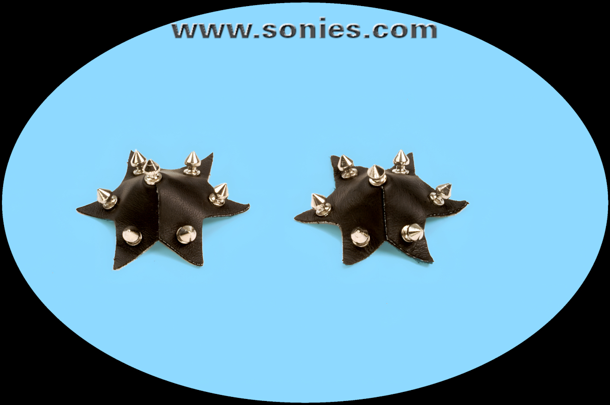 Limited to only your imagination when you Step Out Wearing these Spectacular Striptease Celebrity Star Shape Leather Pasties Adorned with Metal Spikes Detail Finish. For stage or bedroom performance and can be worn by Professionals or Semi Pro Burlesque Dancers (Glue Included).   STYLE: P928A