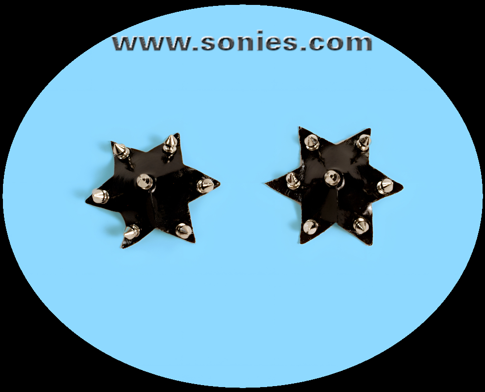 Reinforce your Uniqueness Wearing these Stunning and Breathtaking Striptease Celebrity Star Shape Patent Leather Pasties Adorned with Metal Spikes Detail Finish. For stage or bedroom performance and can be worn by Professionals or Semi Pro Burlesque Dancers (Glue Included).   STYLE: P928B