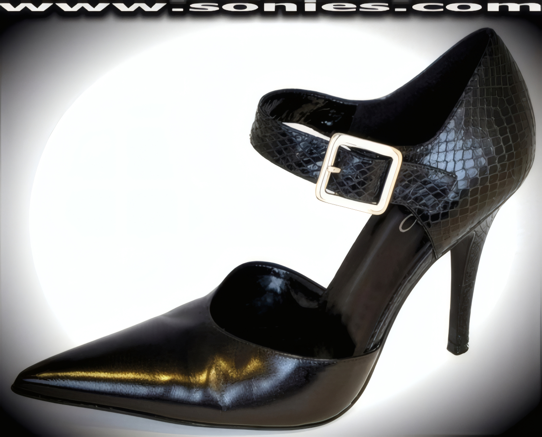 Fantastic sleek pointed Aldo Toe Pumps in Black Patent Leather (PVC) with embossed snake skin texture. Adjustable instep Strap with Metal Buckle and 4 Inch High Heels.    Style: ALDO