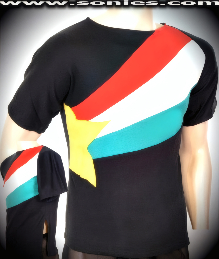 Unity Glorious Star Rise stretch cotton short sleeved t-shirt with boatneck opening is perfect for wearing on its own with your favorite pair of jeans or shorts. Red, white, green and yellow contrasting cotton panels are used to create the magnificent front design. This casual tee is crafted using the softest, smoothest, medium-weight cotton fabric for comfort, plus has a left side slit opening for added panache. Loosely follows shape of body for a flattering stylish fit on virtually any body type (50% Cotton, 50% Polyester. Made in Canada). Unisex design for both men and women.   Style: 100-125