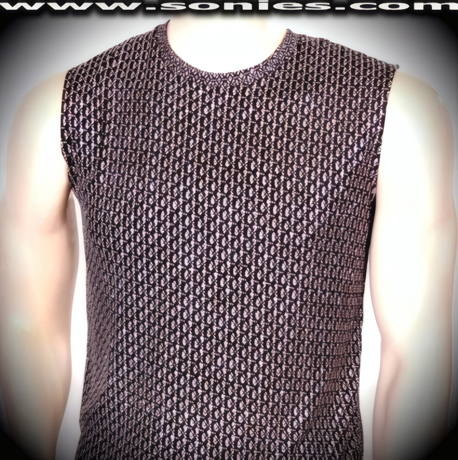 Men's Cheiron Glitter Silver Foil with White Flares Design Stretch Slinky Lycra Dance Wear Crewneck Muscle Tee (15% Lycra, 85% Nylon).   Style: 100-126A