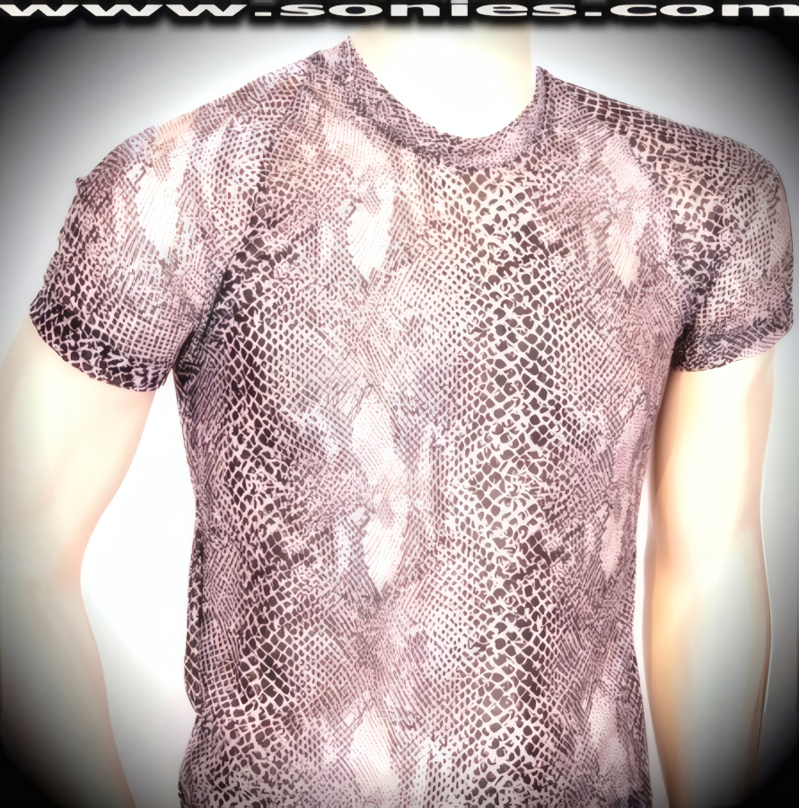 Men's Chimaera Wickedly Sheer Stretch Satin Lycra Python Print Curve Tracing Short Sleeved Crewneck Dance Wear Tee (15% Lycra, 85% Nylon).   Style: 100-127G