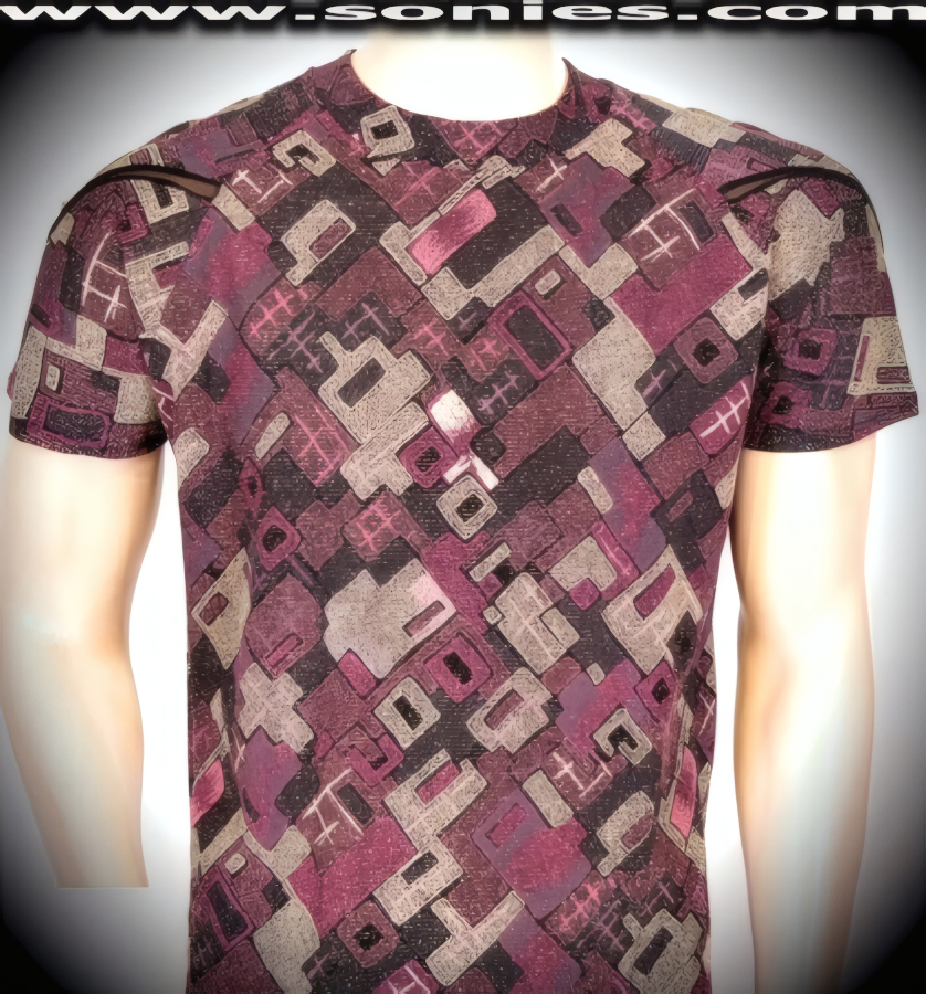 Men's Clotho Sculpted Aztec Print Stretch Slinky Lycra Dance Wear Crewneck Tee with Contrasting Asymmetric Sheer Mesh on Sleeve Detail Finish (15% Lycra, 85% Nylon).   Style: 100-128E
