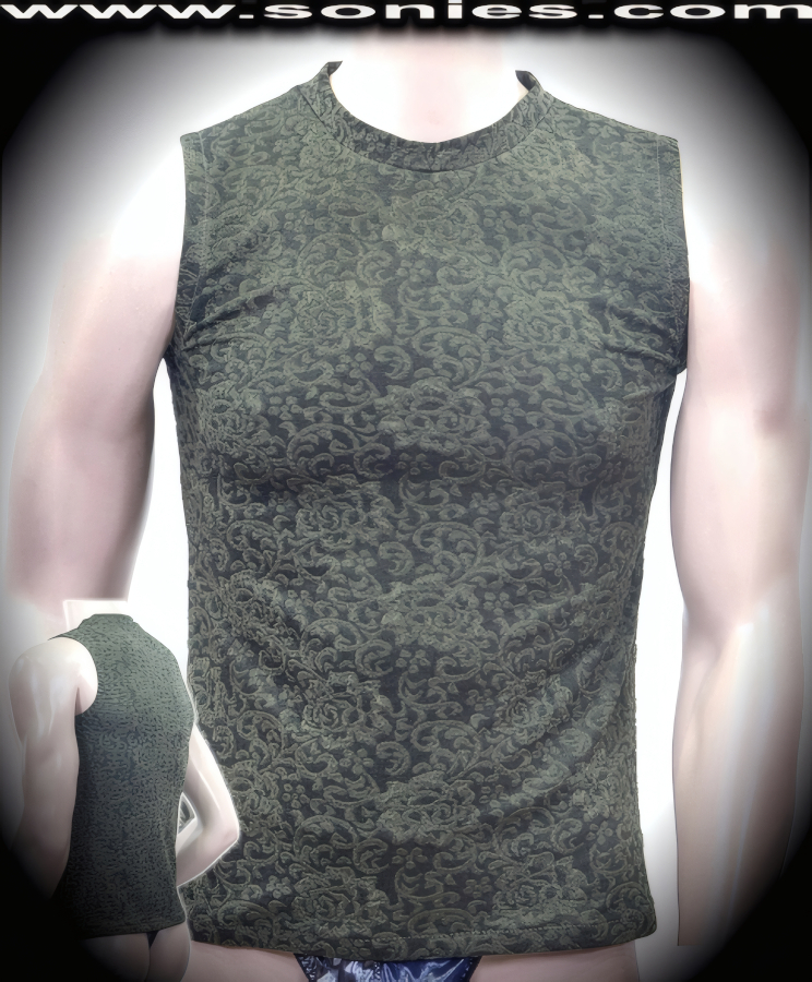 Men's William the Conqueror Sumptuous Stretch Puff Rose Lace Textured Slinky Lycra Crewneck Dance Wear Muscle Tee (20% Lycra, 80% Nylon).   Style: 100-128F