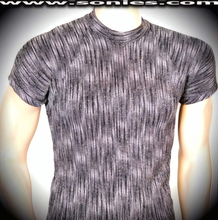Men's Theodoric the Ostrogoth Interference Silver Glitter Textured Stretch Slinky Lycra Sculpted Short Sleeved Dance Wear Crewneck Tee (15% Lycra, 85% Nylon).   Style: 100-128I