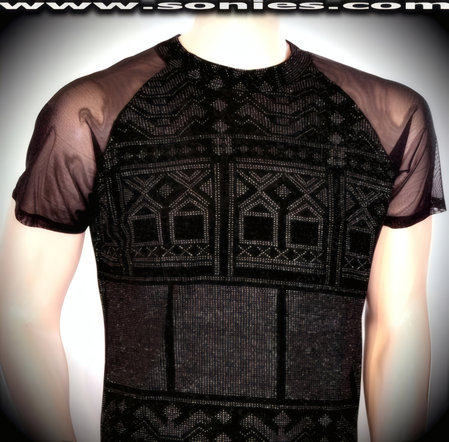 Men's Cyclades stretch Aztec glitter silver foil Lycra sculpted dance wear crew neck t-shirt with sheer eye-captivating stretch fine mesh short sleeve detailing finish. Designed to be contour fitting so that you may show off your masculine form and crafted using quality four-way stretch Aztec glitter silver foil Lycra fabric (15% Lycra, 85% Nylon. Hand wash cold and drip dry. Do not bleach). It pairs superbly with any number of dashing bottoms such as pants, shorts, thongs or G-Strings. This racy style is perfect for stage, life style events, men's competition wear, pride week, monthly play parties, fetish events, adult alternative lifestyle gatherings, club wear, nightclubs, dance clubs, ladies night clubs, Bachelorette parties, male exotic Chippendale dancers, girls night out parties and more. Try this popular hot style for yourself today!   Style: 100-128J