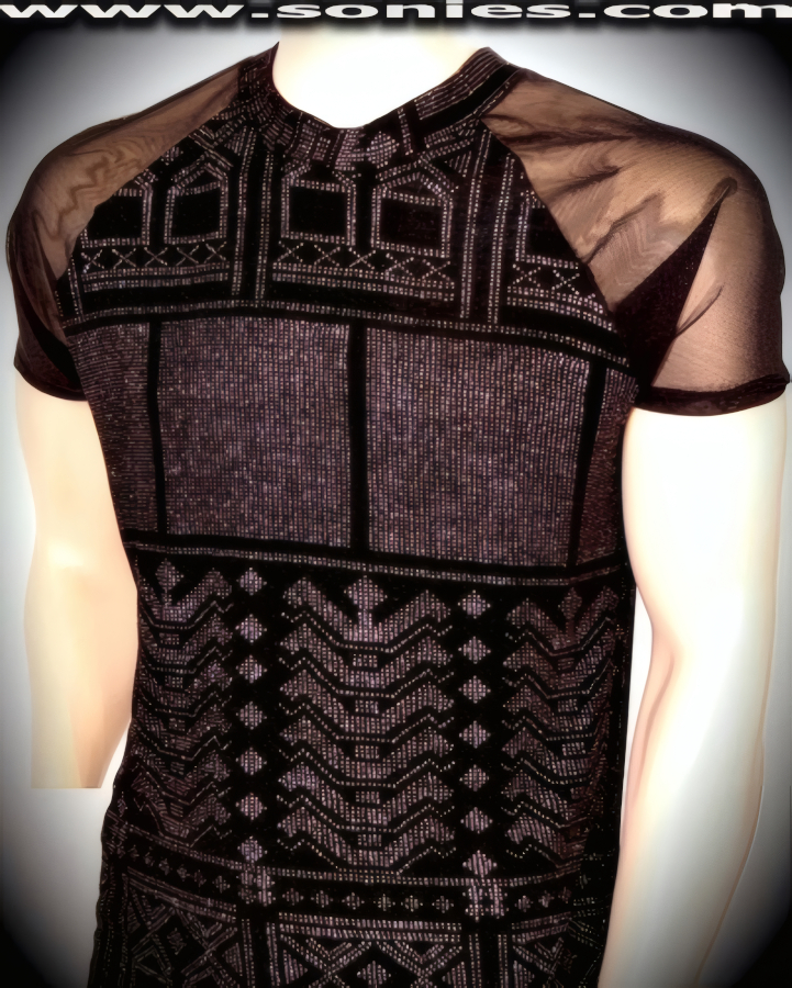 Men's Cyclops Aztec Glitter Silver Foil Stretch Lycra Sculpted Dance Wear Crewneck Tee with Sheer Eye-Appealing Stretch Fine Mesh Short Sleeve Detail Finish (15% Lycra, 85% Nylon).   Style: 100-128K