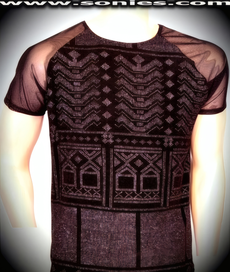 Men's Daedalus Aztec Glitter Silver Foil Stretch Lycra Sculpted Dance Wear Crewneck Tee with Sheer Eye-Engaging Stretch Fine Mesh Short Sleeve Detail Finish (15% Lycra, 85% Nylon).   Style: 100-128N