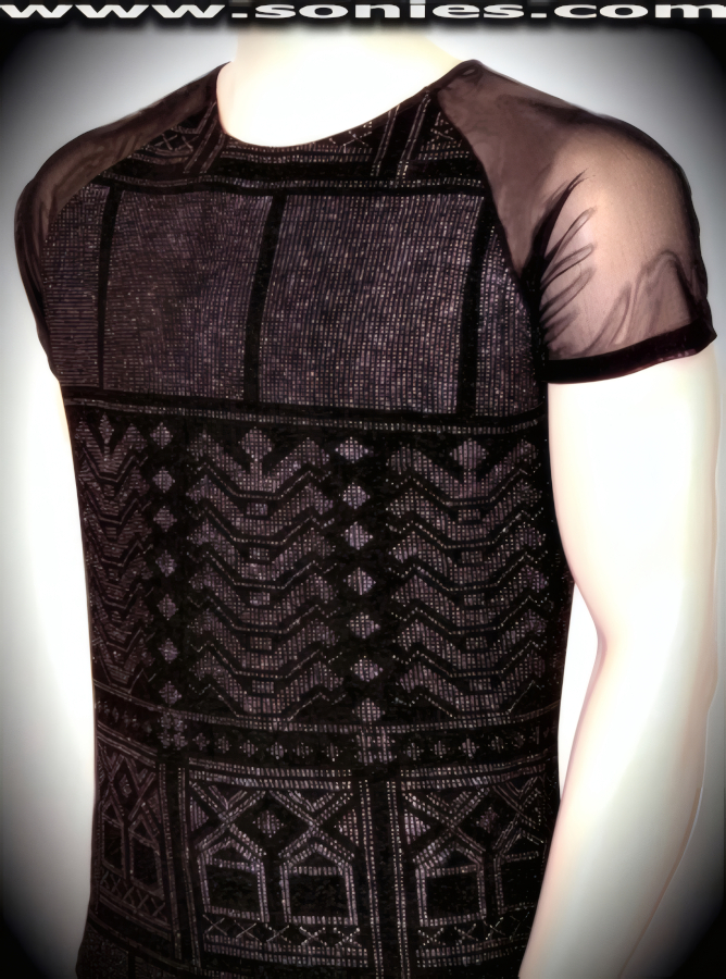Men's Labyrinth Aztec Glitter Silver Foil Stretch Lycra Sculpted Dance Wear Tee with Sheer Eye-Charming Stretch Fine Mesh Short Sleeve Detail Finish. The roomy neck is perfect for supporting your moves without binding (15% Lycra, 85% Nylon).   Style: 100-128O