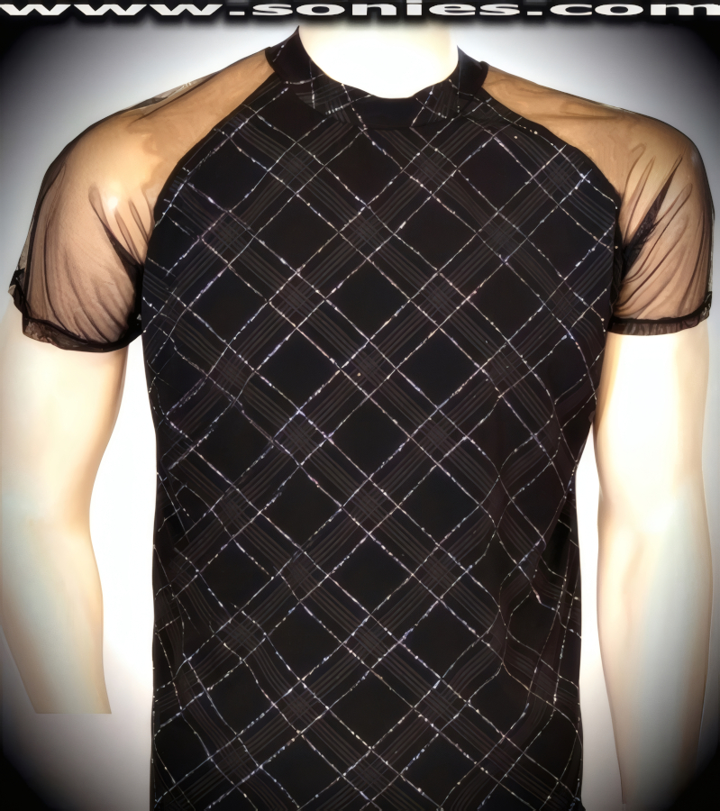 Men's Marco Polo Ogsaphaidos Patterned Stretch Lycra Sculpted Short Sleeve Dance Wear Crewneck Tee with Silver Glitter Foil Finally. Sheer Eye-Captivating Fine Mesh Sleeves Detail Finish (15% Lycra, 85% Nylon).   Style: 100-128V