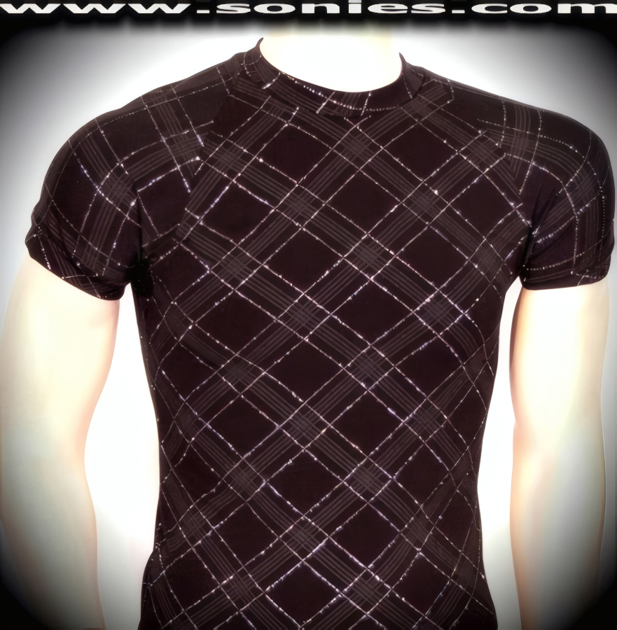 Men's Louis the Ninth Ogsaphaidos Patterned Stretch Slinky Lycra Sculpted Short Sleeved Dance Wear Crewneck Tee with Silver Glitter Foil Finally (15% Lycra, 85% Nylon).   Style: 100-128W