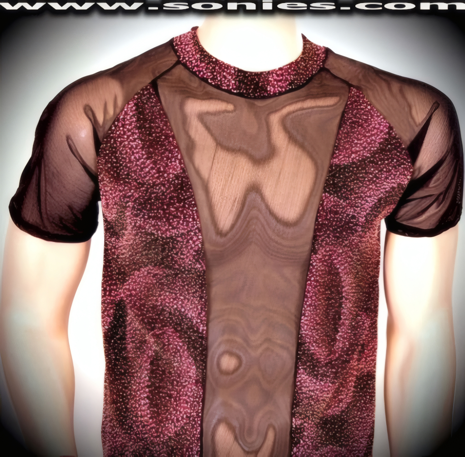 Men's Gutenberg Dazzling Delight Textured Stretch Slinky Lycra Sculpted Short Sleeve Dance Wear Crewneck Tee with Glitter Foil Finally. Sheer Eye-Captivating Fine Stretch Power Mesh Detail Finish on Sleeves and Center Front Inset (15% Lycra, 85% Nylon).   Style: 100-128Y