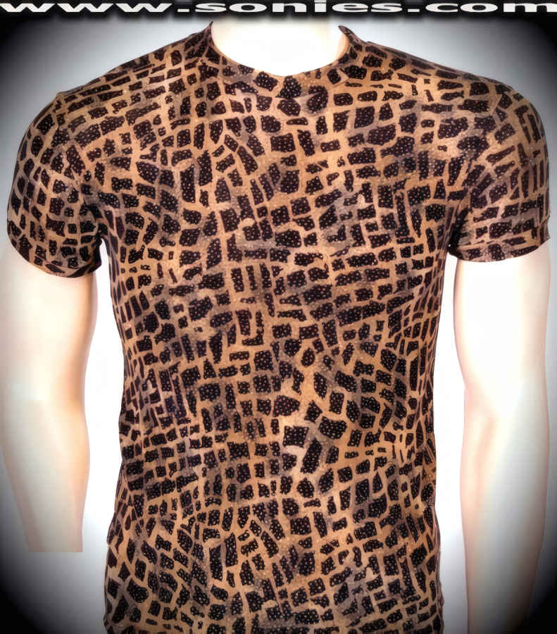 Men's Caravaggio Leopard Foil Sculpted Stretch Glitter Slinky Lycra Short Sleeved Dance Wear Crewneck Tee (15% Lycra, 85% Nylon).   Style: 100-129