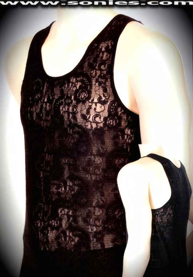 A Dicey Time Awaits You in Our Men's Attila the Hun, Shockingly Sheer Floral Stretch Lycra Dance Wear Fitness Tee with Low Scoop Neckline Detail Finish. Shapes well to the body and very breathable (15% Lycra, 85% Nylon).   Style: 100-129B