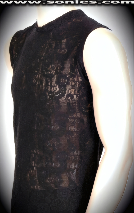Absolutely Daring and Very Flattering in Our Men's Canute the Great, Shockingly Sheer Floral Stretch Lycra Dance Wear Muscle Tee with Crewneck Detail Finish. Shapes well to the body and very breathable (15% Lycra, 85% Nylon).   Style: 100-129C