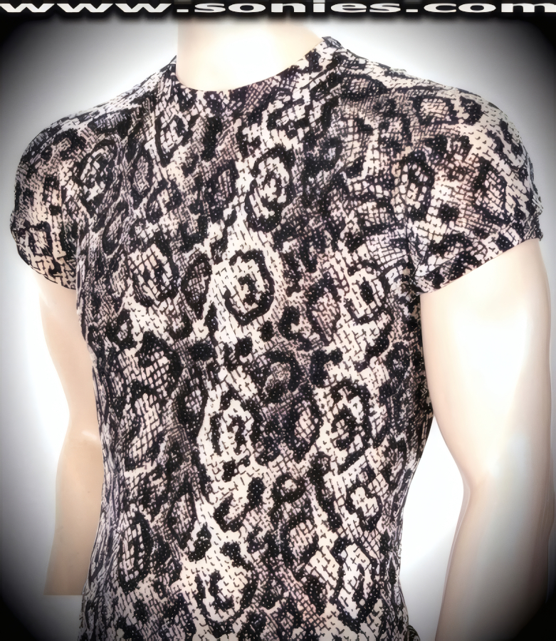 Men's Capaneus Snake Foil Sculpted Stretch Glitter Slinky Lycra Short Sleeved Dance Wear Crewneck Tee (15% Lycra, 85% Nylon).   Style: 100-129TS