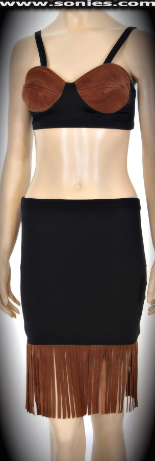 Dress overconfidently in this magnificent Iliniza Sur figure flattering stretch Lycra and suede two piece fringe set. Cleavage defining pull-on bra style crop top with slightly padded contour seaming suede cups detail finish. Includes a matching long contrast suede fringed pull-on mini skirt to complete this magnificent vesture (15% Lycra, 85% Nylon exclusive of trim. Hand wash cold and drip dry, no bleach). May be worn with stiletto heel shoes or boots to create a phenomenal look. This style is perfect for stage, life style events, pride week, monthly play parties, fetish events, adult alternative lifestyle gatherings, bachelor parties, club wear, nightclubs, dance clubs and gentleman's clubs.   Style: 1003DW
