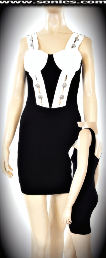 This night-out Dinara sexy style in sleek close to the body shaping satin stretch Lycra with soft lamb skin leather mini dress. Form fitting pull-on dress with leather softly padded cups to enhance the bust, leather keyhole front shoulder straps adorned with lion head buttons and low scoop neckline. Contour seaming bodice with dramatic skin baring insets in order to catch the wondering eye and lion head buttons detailing finally. Crafted using quality 4 way stretch Lycra fabric for supreme fit and comfort (15% Lycra, 85% Nylon. Leather. Dry clean only). It pairs beautifully with any number of gloves. May be worn with stiletto heel shoes to create a phenomenal look. This style is perfect for stage, life style events, monthly play parties, fetish events, adult alternative lifestyle gatherings, bachelor parties, club wear, nightclubs, dance clubs and gentleman's clubs.   Style: 1264DW