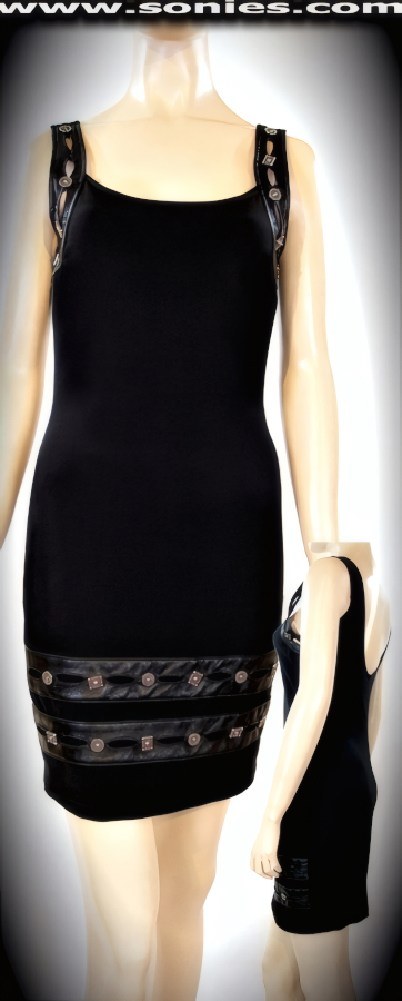 Make a lasting impression in this fantastic Alcmena body-clinging stretch satin Lycra with soft lamb skin leather pull-on mini dress. Fabulous leather keyhole front shoulder straps adorned with metal Aztec accents and low scoop neckline detail finish. Dramatic front hem with keyhole leather and metal Aztec accents finally (15% Lycra, 85% Nylon, Leather). It pairs beautifully with any number of gloves. May be worn with stiletto heel shoes to create a phenomenal look. This style is perfect for stage, life style events, monthly play parties, fetish events, adult alternative lifestyle gatherings, bachelor parties, club wear, nightclubs, dance clubs and gentleman's clubs.   Style: 1270DW