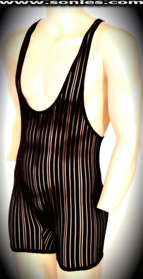 Men's Julius Cesar Scandalously Sheer and Opaque Striped Stretch Lycra Curve Tracing Dance Wear Bodysuit with Low Scoop Neckline Detail Finish (15% Lycra, 85% Nylon). This blistering style is perfect for Life Style Events, Men's Competition Wear, Pride Week, Monthly Play Parties, Fetish Events, Adult Alternative Lifestyle Gatherings, Clubwear, Nightclubs, Dance Clubs, Ladies Night Clubs, Bachelorette Parties, Male Exotic Chippendale Dancers, Girls Night Out Parties and more. Try this popular hot style for yourself today!   Style: 200-005