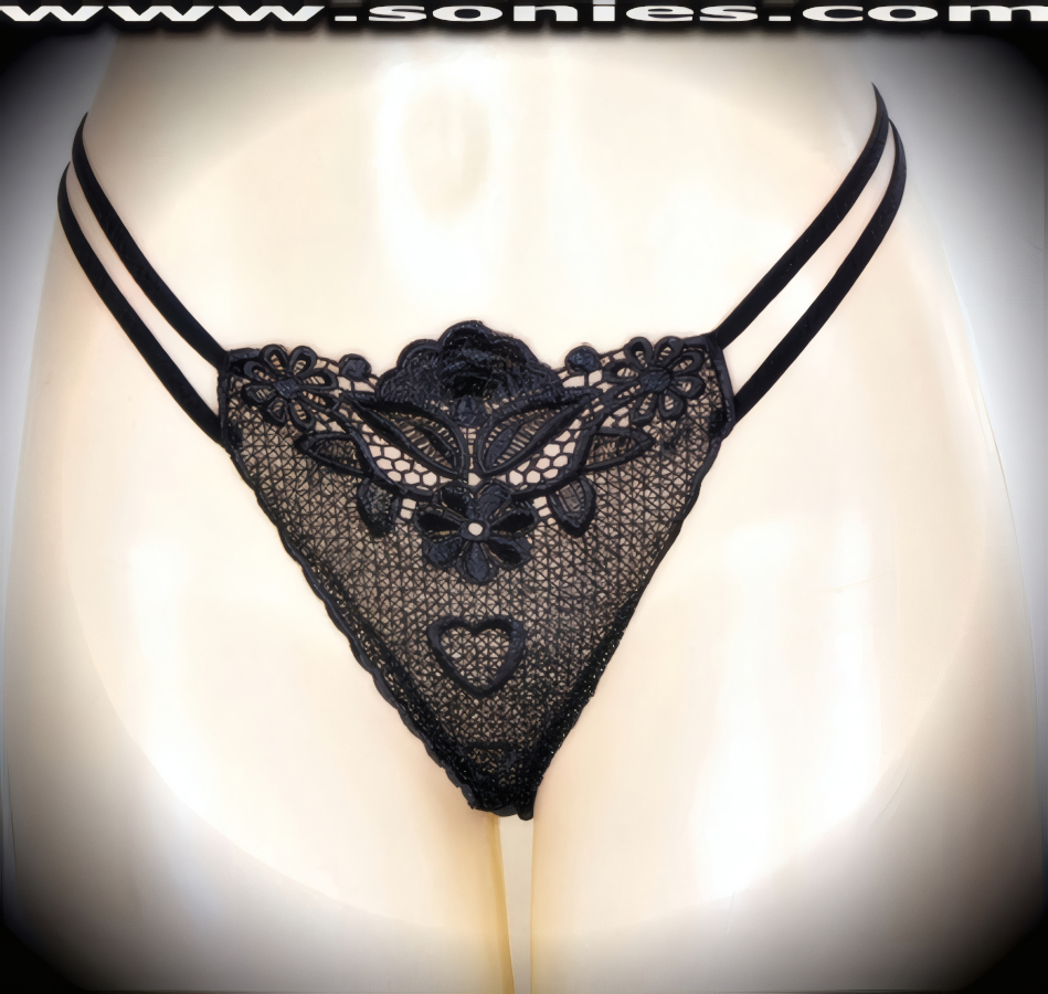 Show off your most valuable resources in this ethereal adult entertainer's low-rise excellently embroidered Nile floral see-through front with stunning dual cascading hearts dance wear thong bottom. Irresistibly enticing panty features double elasticized strappy sides to insure a great fit, lined crotch, and opaque thong back detail finish (10% Lycra, 90% Nylon. Wash delicate and hang dry). It pairs beautifully with any number of risqu� tops. May be worn with stiletto heel shoes or boots to create a phenomenal look. This style is perfect for stage, bedroom performance, life style events, pride week, monthly play parties, fetish events, adult alternative lifestyle gatherings, bachelor parties and gentleman's clubs.   Style: 2151SKA
