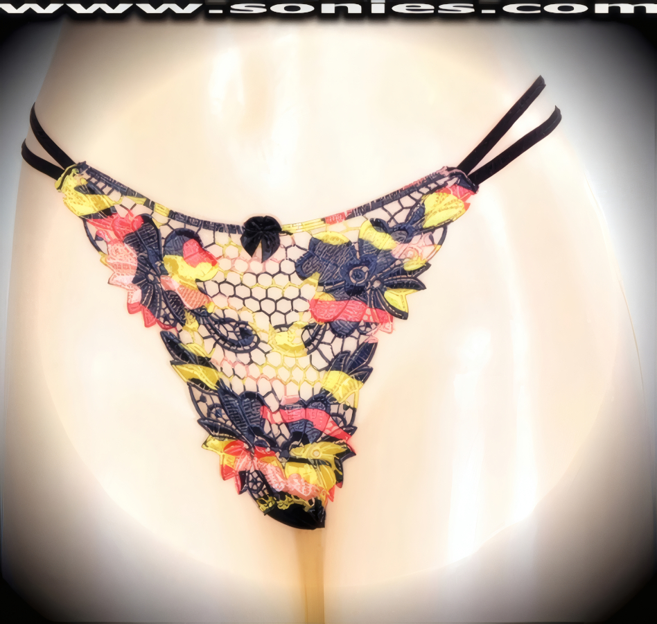 Oh la la Se�orita is what your audience will exclaim when you step-out on stage in this adult entertainer's Kangri low-rise excellently embroidered multi colored Flor Latina see-through front dance wear thong bottom. Irresistibly enticing panty features double elasticized strappy sides to insure a great fit, lined crotch, and opaque thong back, plus satin bow appliqu� front detail finish (10% Lycra, 90% Nylon. Wash delicate and hang dry). It pairs beautifully with any number of risqu� tops. May be worn with stiletto heel shoes or boots to create a phenomenal look. This style is perfect for stage, bedroom performance, life style events, pride week, monthly play parties, fetish events, adult alternative lifestyle gatherings, bachelor parties and gentleman's clubs.   Style: 2153SK