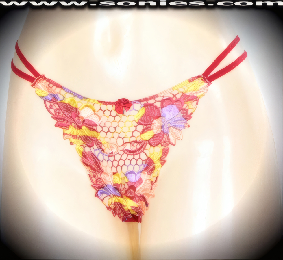Oh la la Se�orita is what your audience will exclaim when you step-out on stage in this adult entertainer's Kangri low-rise excellently embroidered multi colored Flor Latina see-through front dance wear thong bottom. Irresistibly enticing panty features double elasticized strappy sides to insure a great fit, lined crotch, and opaque thong back, plus satin bow appliqu� front detail finish (10% Lycra, 90% Nylon. Wash delicate and hang dry). It pairs beautifully with any number of risqu� tops. May be worn with stiletto heel shoes or boots to create a phenomenal look. This style is perfect for stage, bedroom performance, life style events, pride week, monthly play parties, fetish events, adult alternative lifestyle gatherings, bachelor parties and gentleman's clubs.   Style: 2153SKA