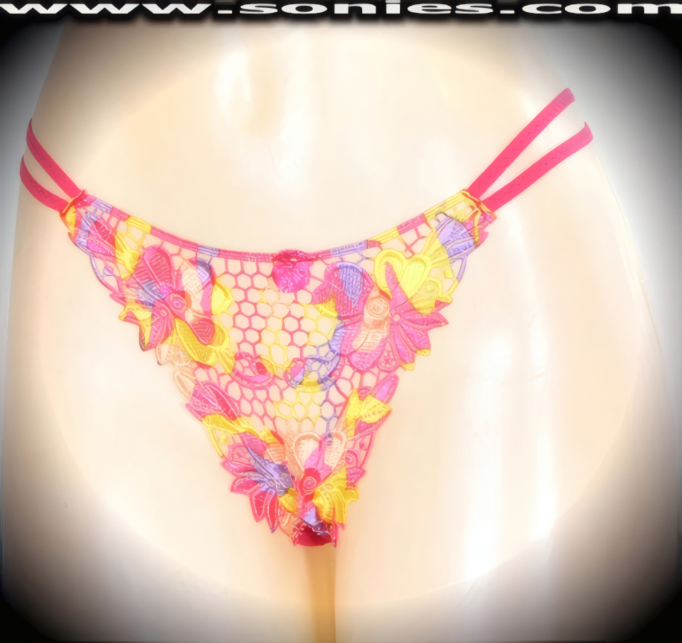 Oh la la Se�orita is what your audience will exclaim when you step-out on stage in this adult entertainer's Kangri low-rise excellently embroidered multi colored Flor Latina see-through front dance wear thong bottom. Irresistibly enticing panty features double elasticized strappy sides to insure a great fit, lined crotch, and opaque thong back, plus satin bow appliqu� front detail finish (10% Lycra, 90% Nylon. Wash delicate and hang dry). It pairs beautifully with any number of risqu� tops. May be worn with stiletto heel shoes or boots to create a phenomenal look. This style is perfect for stage, bedroom performance, life style events, pride week, monthly play parties, fetish events, adult alternative lifestyle gatherings, bachelor parties and gentleman's clubs.   Style: 2153SKB