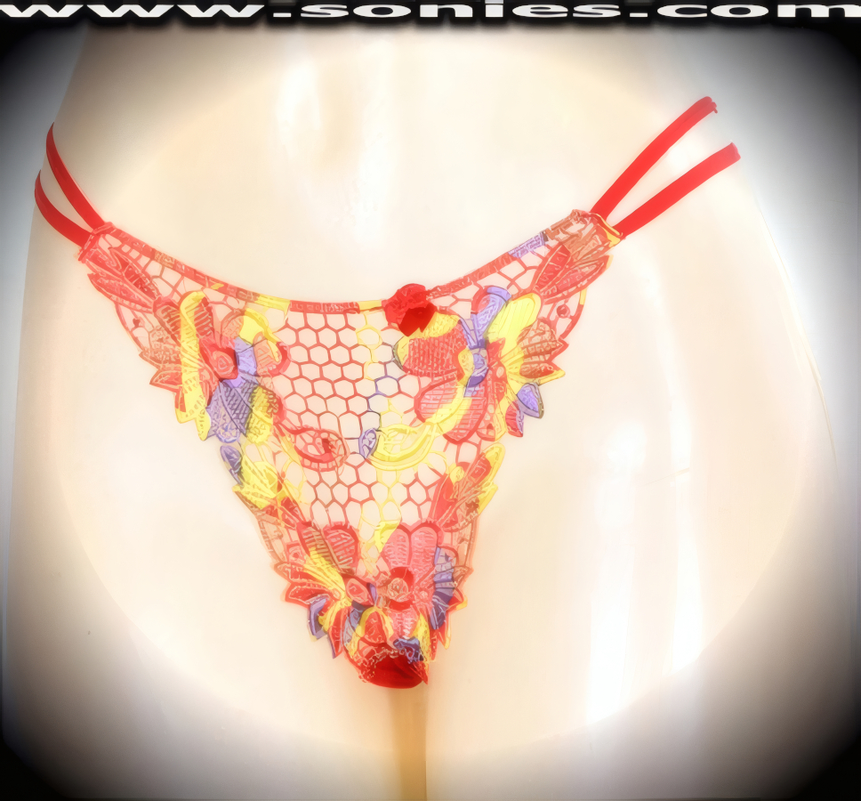 Oh la la Se�orita is what your audience will exclaim when you step-out on stage in this adult entertainer's Kangri low-rise excellently embroidered multi colored Flor Latina see-through front dance wear thong bottom. Irresistibly enticing panty features double elasticized strappy sides to insure a great fit, lined crotch, and opaque thong back, plus satin bow appliqu� front detail finish (10% Lycra, 90% Nylon. Wash delicate and hang dry). It pairs beautifully with any number of risqu� tops. May be worn with stiletto heel shoes or boots to create a phenomenal look. This style is perfect for stage, bedroom performance, life style events, pride week, monthly play parties, fetish events, adult alternative lifestyle gatherings, bachelor parties and gentleman's clubs.   Style: 2153SKC