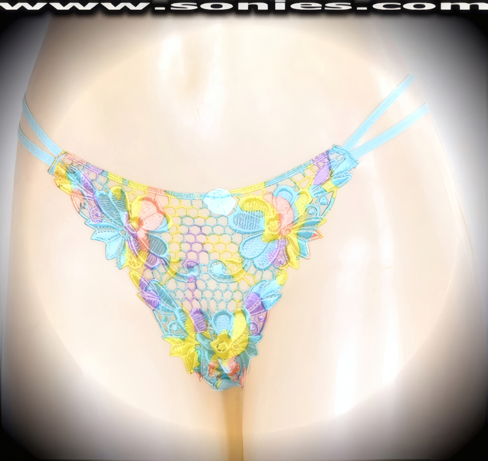 Oh la la Se�orita is what your audience will exclaim when you step-out on stage in this adult entertainer's Kangri low-rise excellently embroidered multi colored Flor Latina see-through front dance wear thong bottom. Irresistibly enticing panty features double elasticized strappy sides to insure a great fit, lined crotch, and opaque thong back, plus satin bow appliqu� front detail finish (10% Lycra, 90% Nylon. Wash delicate and hang dry). It pairs beautifully with any number of risqu� tops. May be worn with stiletto heel shoes or boots to create a phenomenal look. This style is perfect for stage, bedroom performance, life style events, pride week, monthly play parties, fetish events, adult alternative lifestyle gatherings, bachelor parties and gentleman's clubs.   Style: 2153SKD