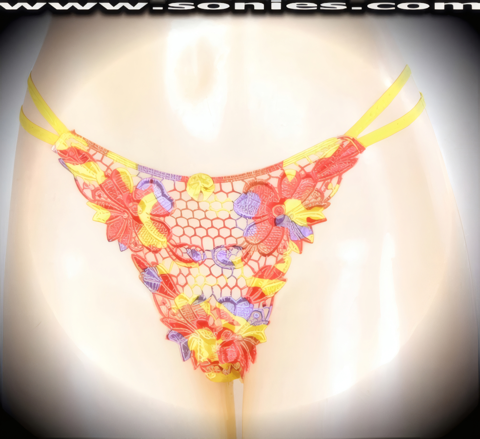 Oh la la Se�orita is what your audience will exclaim when you step-out on stage in this adult entertainer's Kangri low-rise excellently embroidered multi colored Flor Latina see-through front dance wear thong bottom. Irresistibly enticing panty features double elasticized strappy sides to insure a great fit, lined crotch, and opaque thong back, plus satin bow appliqu� front detail finish (10% Lycra, 90% Nylon. Wash delicate and hang dry). It pairs beautifully with any number of risqu� tops. May be worn with stiletto heel shoes or boots to create a phenomenal look. This style is perfect for stage, bedroom performance, life style events, pride week, monthly play parties, fetish events, adult alternative lifestyle gatherings, bachelor parties and gentleman's clubs.   Style: 2153SKE