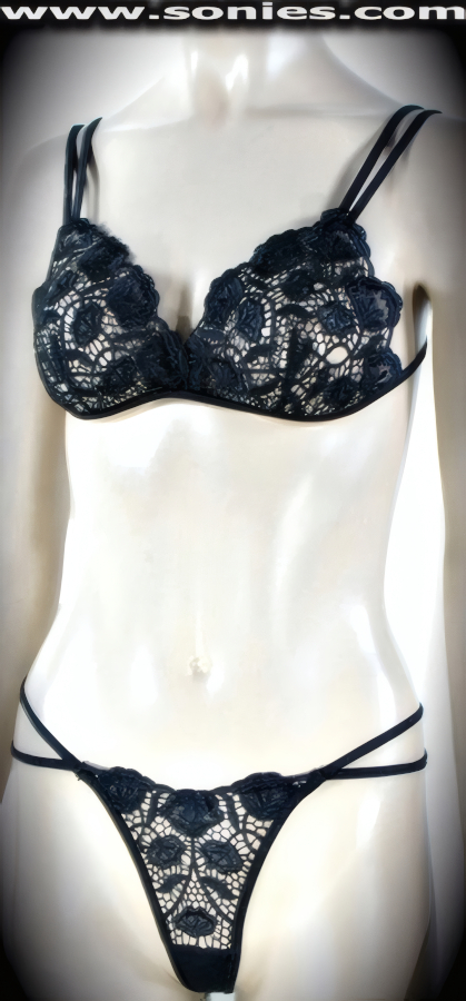 Exquisitely Created to be Very Revealing and Enticing in Our Ladies Magnificently Embroidered Floral Design Two Piece Set. Surplice Sheer Embroidered Bra with Soft Elasticized Double Shoulder Straps, Hook Close Back and Prettied by means of Satin Bow Appliqu�. Complementing Front Embroidered Panty with Lined Crotch, Elasticized Strappy Sides and V-Shape G-String Back Detail Finish.   Style: 2155BT