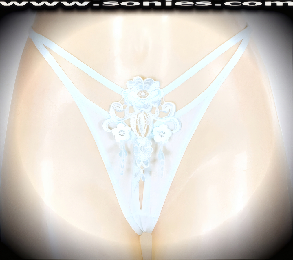 Open the stage curtains to uncover your sexpot figure in this adult entertainer's low-rise Lhotse semi-sheer satin Lycra dance wear G-String panty with skin baring slit front and temptingly concealing embroidered Bahamas Island Breeze floral detailing. Irresistibly enticing panty features double elasticized strappy cutout front sides to insure a great fit, lined crotch, and stunning V-Shape back finally (10% Lycra, 90% Nylon. Wash delicate and hang dry). It pairs beautifully with any number of risqu� tops. May be worn with stiletto heel shoes or boots to create a phenomenal look. This style is perfect for stage, bedroom performance, life style events, pride week, monthly play parties, fetish events, adult alternative lifestyle gatherings, bachelor parties and gentleman's clubs.   Style: 2155SKH