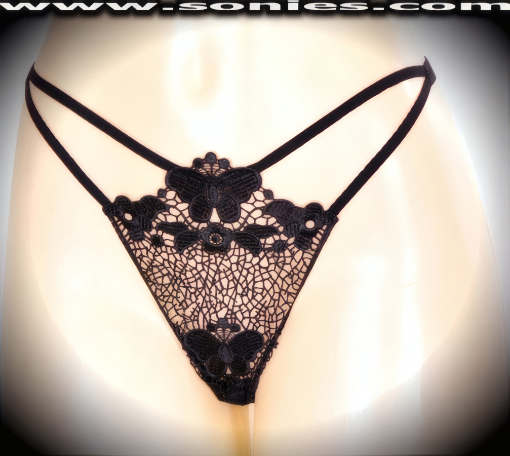 Sleek and sultry in this provocative adult entertainer's low-rise Apuchhre see-through embroidered floral front with butterfly center motif dance wear thong bottom. Irresistibly enticing panty features double elasticized strappy cutout front sides to insure a great fit, lined crotch, and opaque thong back detail finish (10% Lycra, 90% Nylon. Wash delicate and hang dry). It pairs beautifully with any number of risqu� tops. May be worn with stiletto heel shoes or boots to create a phenomenal look. This style is perfect for stage, bedroom performance, life style events, pride week, monthly play parties, fetish events, adult alternative lifestyle gatherings, bachelor parties and gentleman's clubs.   Style: 2156SK