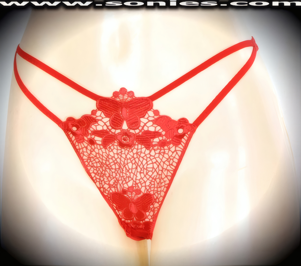 Sleek and sultry in this provocative adult entertainer's low-rise Apuchhre see-through embroidered floral front with butterfly center motif dance wear thong bottom. Irresistibly enticing panty features double elasticized strappy cutout front sides to insure a great fit, lined crotch, and opaque thong back detail finish (10% Lycra, 90% Nylon. Wash delicate and hang dry). It pairs beautifully with any number of risqu� tops. May be worn with stiletto heel shoes or boots to create a phenomenal look. This style is perfect for stage, bedroom performance, life style events, pride week, monthly play parties, fetish events, adult alternative lifestyle gatherings, bachelor parties and gentleman's clubs.   Style: 2156SKB