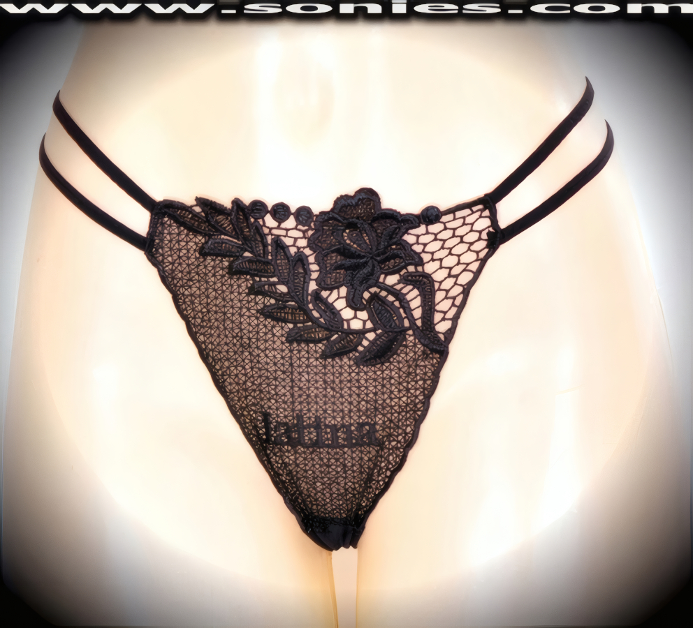 Smooth, body-loving adult entertainer's Viva Mi Vida low-rise excellently embroidered dance wear thong bottom. Stunning large rose see-through embroidered front that is enhanced with a provocative touch of Latina inscription on the center bottom. Irresistibly enticing panty features double elasticized strappy sides to insure a great fit, lined crotch, and opaque thong back detail finish. The low-rise design makes the torso look longer for an incredibly seductive silhouette (10% Lycra, 90% Nylon. Wash delicate and hang dry). It pairs beautifully with any number of risqu� tops. May be worn with stiletto heel shoes or boots to create a phenomenal look. This style is perfect for stage, bedroom performance, life style events, pride week, monthly play parties, fetish events, adult alternative lifestyle gatherings, bachelor parties and gentleman's clubs.   Style: 2158SK