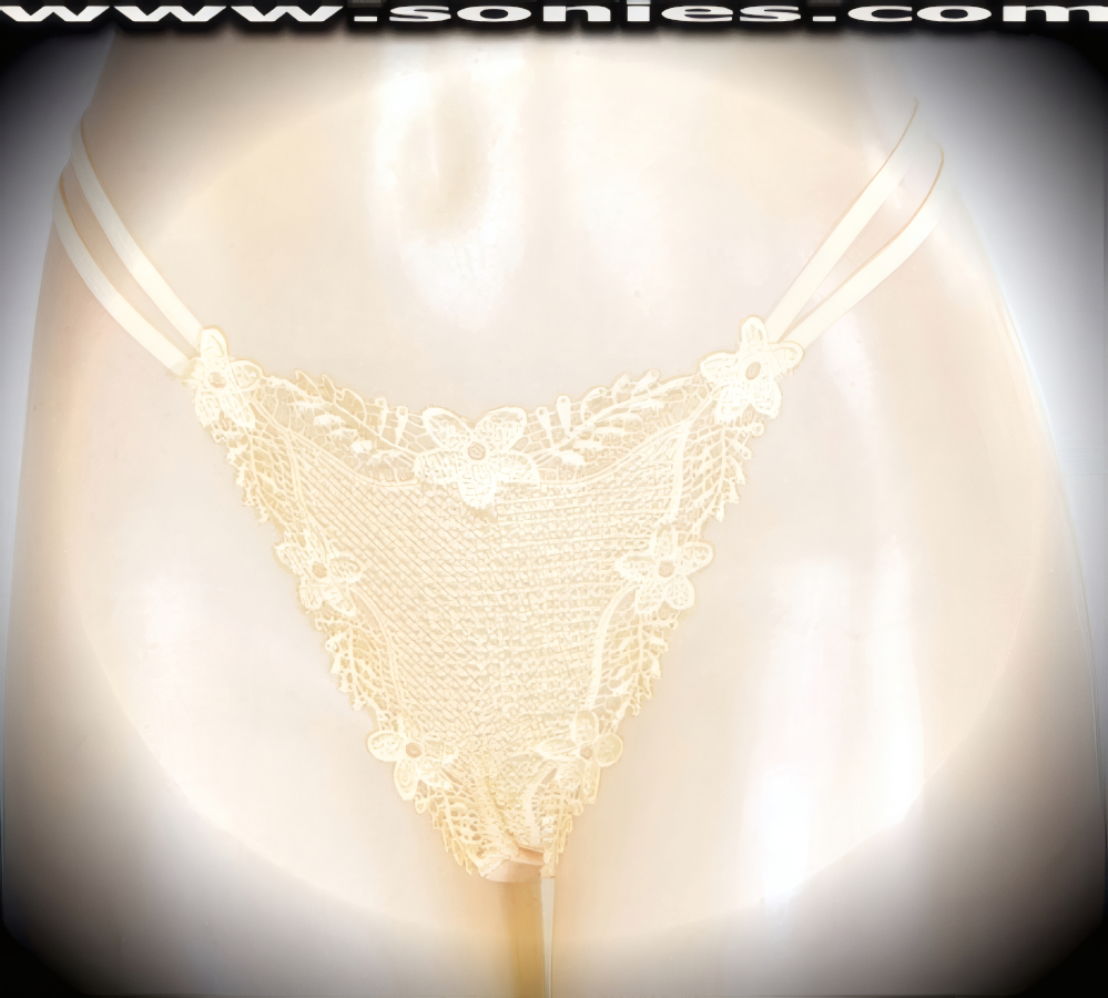 Banish your boring panties to the back of the drawer and dare to bare in this revealing adult entertainer's low-rise Scarlett brilliantly embroidered floral border see-through front dance wear thong bottom. Irresistibly enticing panty features double elasticized strappy sides to insure a great fit, lined crotch, and opaque thong back detail finish (10% Lycra, 90% Nylon. Wash delicate and hang dry). It pairs beautifully with any number of risqu� tops. May be worn with stiletto heel shoes or boots to create a phenomenal look. This style is perfect for stage, bedroom performance, life style events, pride week, monthly play parties, fetish events, adult alternative lifestyle gatherings, bachelor parties and gentleman's clubs.   Style: 2159SK
