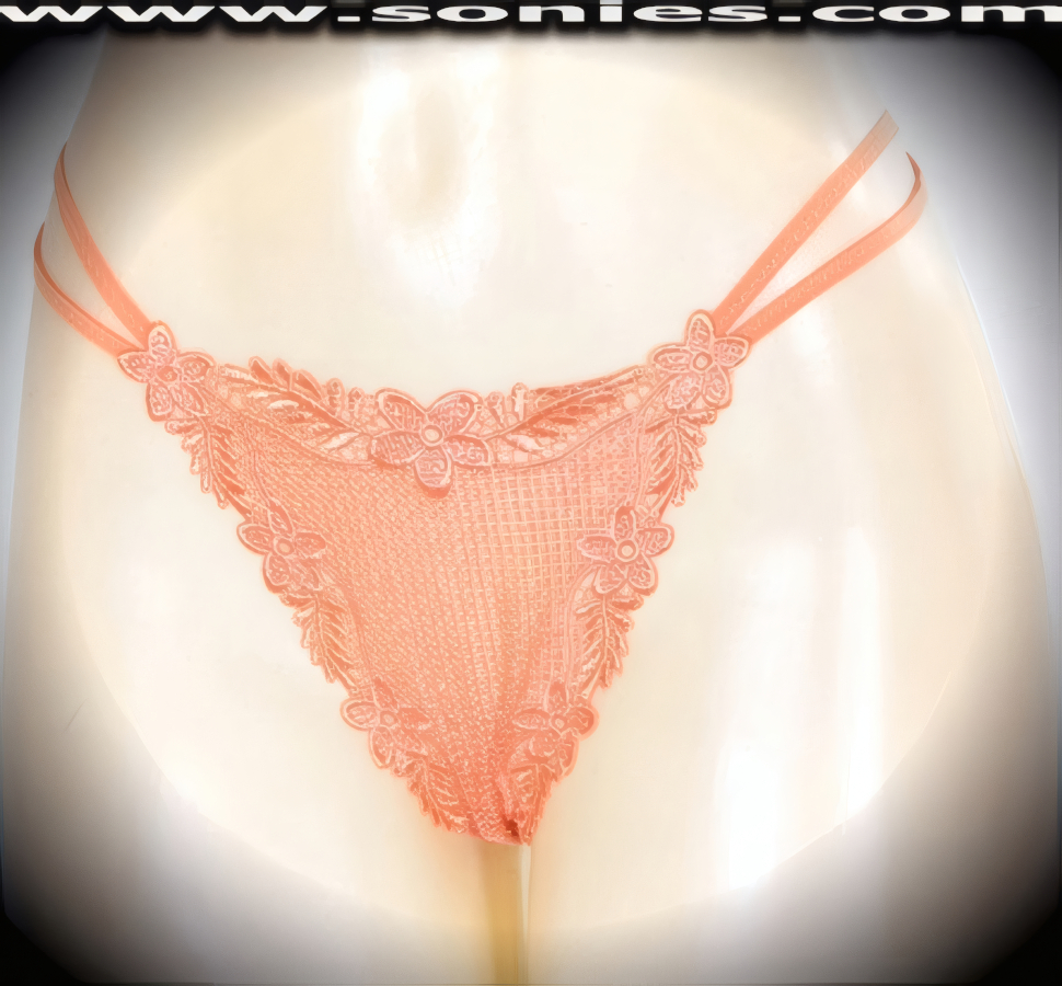 Banish your boring panties to the back of the drawer and dare to bare in this revealing adult entertainer's low-rise Scarlett brilliantly embroidered floral border see-through front dance wear thong bottom. Irresistibly enticing panty features double elasticized strappy sides to insure a great fit, lined crotch, and opaque thong back detail finish (10% Lycra, 90% Nylon. Wash delicate and hang dry). It pairs beautifully with any number of risqu� tops. May be worn with stiletto heel shoes or boots to create a phenomenal look. This style is perfect for stage, bedroom performance, life style events, pride week, monthly play parties, fetish events, adult alternative lifestyle gatherings, bachelor parties and gentleman's clubs.   Style: 2159SKB