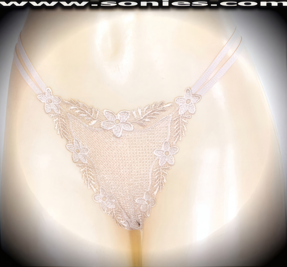 Banish your boring panties to the back of the drawer and dare to bare in this revealing adult entertainer's low-rise Scarlett brilliantly embroidered floral border see-through front dance wear thong bottom. Irresistibly enticing panty features double elasticized strappy sides to insure a great fit, lined crotch, and opaque thong back detail finish (10% Lycra, 90% Nylon. Wash delicate and hang dry). It pairs beautifully with any number of risqu� tops. May be worn with stiletto heel shoes or boots to create a phenomenal look. This style is perfect for stage, bedroom performance, life style events, pride week, monthly play parties, fetish events, adult alternative lifestyle gatherings, bachelor parties and gentleman's clubs.   Style: 2159SKD