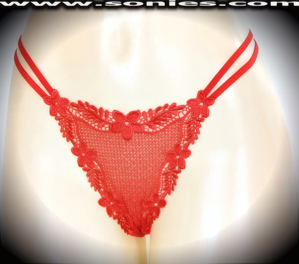 Banish your boring panties to the back of the drawer and dare to bare in this revealing adult entertainer's low-rise Scarlett brilliantly embroidered floral border see-through front dance wear thong bottom. Irresistibly enticing panty features double elasticized strappy sides to insure a great fit, lined crotch, and opaque thong back detail finish (10% Lycra, 90% Nylon. Wash delicate and hang dry). It pairs beautifully with any number of risqu� tops. May be worn with stiletto heel shoes or boots to create a phenomenal look. This style is perfect for stage, bedroom performance, life style events, pride week, monthly play parties, fetish events, adult alternative lifestyle gatherings, bachelor parties and gentleman's clubs.   Style: 2159SKE