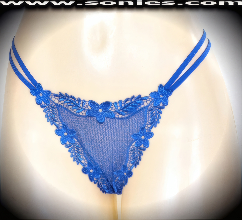 Banish your boring panties to the back of the drawer and dare to bare in this revealing adult entertainer's low-rise Scarlett brilliantly embroidered floral border see-through front dance wear thong bottom. Irresistibly enticing panty features double elasticized strappy sides to insure a great fit, lined crotch, and opaque thong back detail finish (10% Lycra, 90% Nylon. Wash delicate and hang dry). It pairs beautifully with any number of risqu� tops. May be worn with stiletto heel shoes or boots to create a phenomenal look. This style is perfect for stage, bedroom performance, life style events, pride week, monthly play parties, fetish events, adult alternative lifestyle gatherings, bachelor parties and gentleman's clubs.   Style: 2159SKG