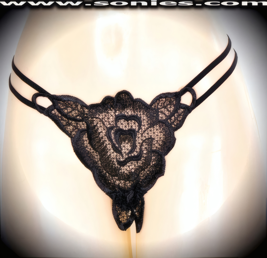 Heavenly, with a little bit of heat in this adult entertainer's low-rise Klimt sumptuously embroidered large rose see-through front dance wear thong bottom. Irresistibly enticing panty features double elasticized strappy sides to insure a great fit, lined crotch, and opaque thong back detail finish (10% Lycra, 90% Nylon. Wash delicate and hang dry). It pairs beautifully with any number of risqu� tops. May be worn with stiletto heel shoes or boots to create a phenomenal look. This style is perfect for stage, bedroom performance, life style events, pride week, monthly play parties, fetish events, adult alternative lifestyle gatherings, bachelor parties and gentleman's clubs.   Style: 2160SKA
