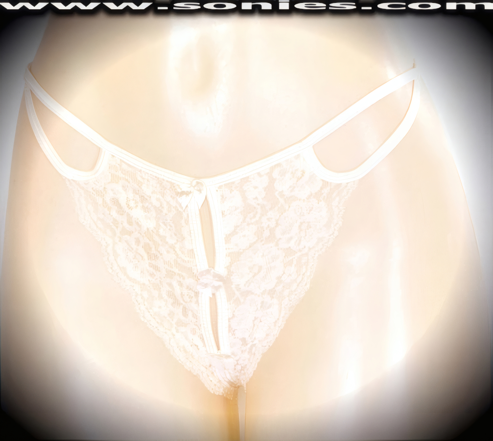 It's good to be bad in this adult entertainer's low-rise Makalu mischievously sheer scallop floral lace dance wear crotchless panty with double elasticized strappy cutout front sides. This panty is made even more enticing by means of an eye-captivating slit front design, a convenience open crotch that leaves you uncovered and free, dual elasticized G-String back straps to insure a great fit, and prettied by means of satin bow appliqu� front detailing (10% Lycra, 90% Nylon. Wash delicate and hang dry). It pairs beautifully with any number of risqu� tops. May be worn with stiletto heel shoes or boots to create a phenomenal look. This style is perfect for stage, bedroom performance, life style events, pride week, monthly play parties, fetish events, adult alternative lifestyle gatherings, bachelor parties and gentleman's clubs.   Style: 2161SK
