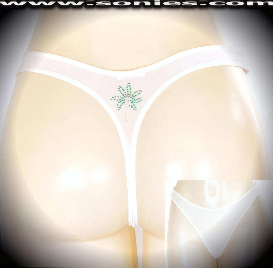 You're always lucky, but you can still up the odds in this sexy adult entertainer's low-rise Melungtse splendidly sheer stretch Lycra fine mesh dance wear thong bottom. Irresistibly enticing panty features a stunning Californian palm tree foil center back detailing, cotton lined crotch, and soft elasticized edging to insure a great fit (10% Lycra, 90% Nylon. Wash delicate and hang dry). It pairs beautifully with any number of risqu� tops. May be worn with stiletto heel shoes or boots to create a phenomenal look. This style is perfect for stage, bedroom performance, life style events, pride week, monthly play parties, fetish events, adult alternative lifestyle gatherings, bachelor parties and gentleman's clubs.   STYLE: 2163SK