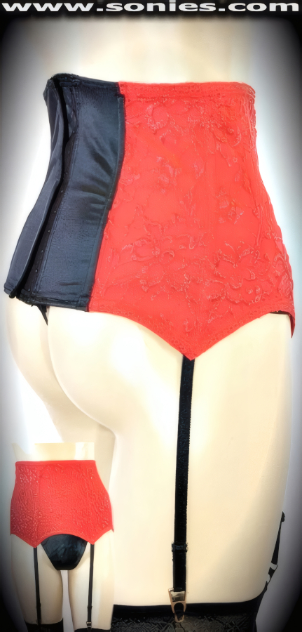 Make a lasting impression in this magnificent chopper floral lace and stretch spandex corset girdle with four attached fully adjustable garter straps to hold-up your stockings or thigh highs. Firm midriff control with all-around body sculpting boning to firm your tummy and adjustable hook & eye back closure finally (20% Spandex, 80% Nylon). Group this up with a G-String or thong and you will no doubt have achieved a risqu� look (G-String and Stockings not included).   Style: 2209R-LIJ